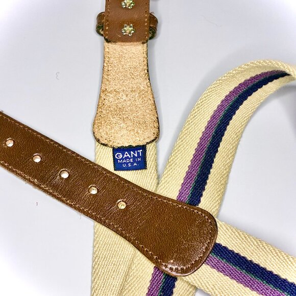 VINTAGE GANT MADE IN USA CANVAS LEATHER STRIPED SURCINGLE BELT - Picture 2 of 2